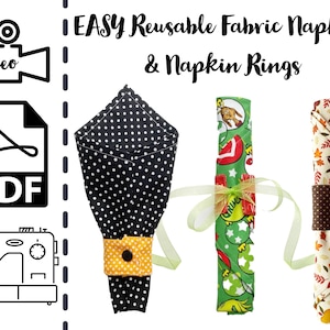 May include: A digital download for a sewing project to make fabric napkins and napkin rings. The image shows three different napkin rings, one with a black and white polka dot fabric, one with a green fabric with a chicken print, and one with a brown and white fabric with a leaf print. The image also includes icons for a video and a PDF download.