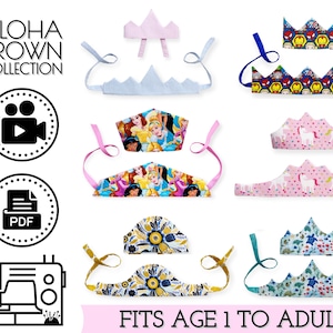 May include: A collection of colorful crown patterns for sewing. The patterns are designed to fit ages 1 to adult. The image includes a sewing machine, a PDF icon, and a video camera icon. The text "ALOHA CROWN COLLECTION" is at the top of the image.