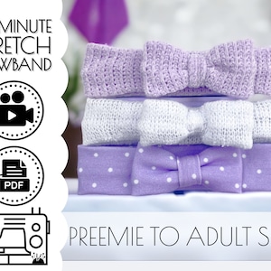 May include: A stack of three purple and white stretchy bow headbands with a white background. The text "10 MINUTE STRETCH BOWBAND" is at the top of the image. The text "PREEMIE TO ADULT SIZES!" is at the bottom of the image.