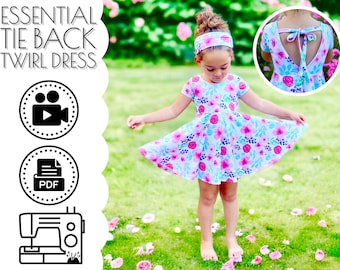 Babys und Mädchen Essential Tie Back Twirl Dress Schnittmuster & VIDEO-Tutorial | Druckbares PDF | Gestricktes Sommerkleid | Anfänger | 3 Monate bis 10 Jahre