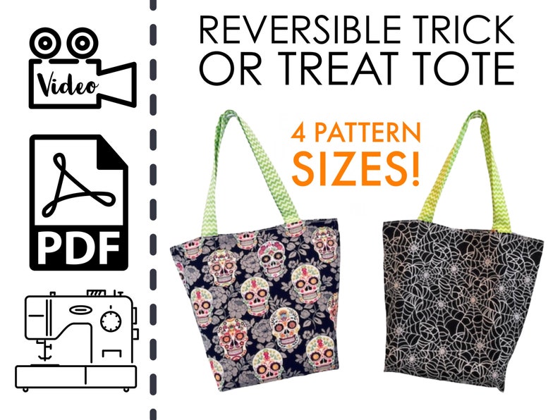 EASY Beginners Reversible Trick or Treat Tote Bag Sewing Tutorial DIY Pattern Halloween Bag PDF Beginner Sewing Project image 1