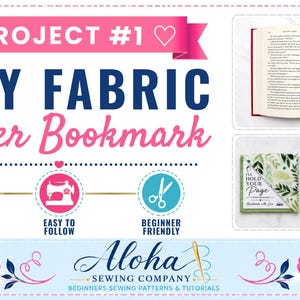 K&ouml;nnte beinhalten: Eine N&auml;hprojektanleitung mit dem Titel Project #1 Easy Fabric Corner Bookmark. Sie enth&auml;lt Symbole f&uuml;r ein druckbares PDF-Schnittmuster, eine N&auml;hmaschine und eine Schere. Das Bild zeigt Stoff-Ecklesezeichen mit gr&uuml;nem Blattmuster und Text.
