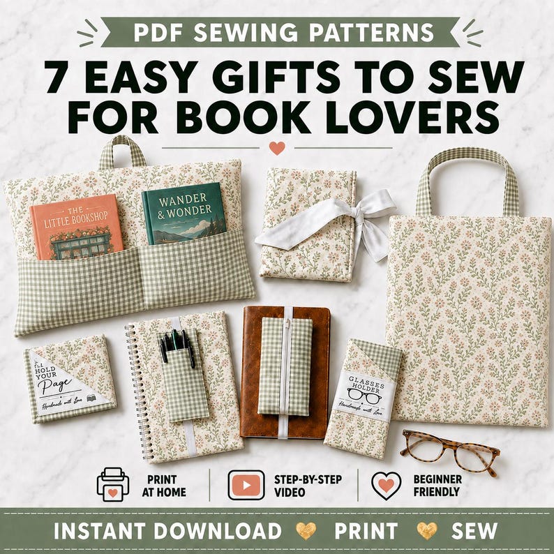 K&ouml;nnte beinhalten: Eine Sammlung von sieben N&auml;hprojekten aus Stoff mit Blumen- und gr&uuml;nem Vichy-Muster, darunter ein Buchkissen, ein Notizbuchumschlag, ein Brillenetui und eine Tragetasche. Der Text lautet PDF SEWING PATTERNS 7 EASY GIFTS TO SEW FOR BOOK LOVERS.