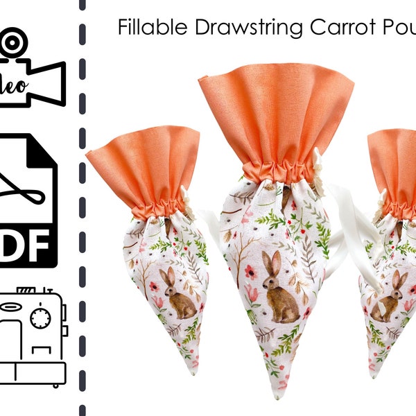 Patron de couture EASY Drawstring Carrot Pouch & Tutoriel vidéo | PDF imprimable | Cadeau bricolage facile à coudre | Téléchargement instantané | Consignes | Chasse