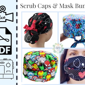 May include: A bundle of three scrub caps and a face mask. The caps are made of fabric with different patterns, including hearts, flowers, and superheroes. The mask is black with a stethoscope and heart pattern. The image includes the words "Scrub Caps & Mask Bundle".