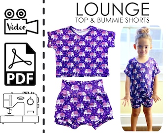 Lounge Top et Bummie Shorts BUNDLE Patron de couture et tutoriel vidéo | PDF imprimable | Cadeau bricolage facile à coudre | Bébé, tout-petit, filles N à Sz 6