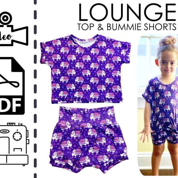 Lounge Top et Bummie Shorts BUNDLE Patron de couture et tutoriel vidéo | PDF imprimable | Cadeau bricolage facile à coudre | Bébé, tout-petit, filles N à Sz 6