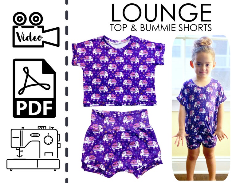 Lounge Top et Bummie Shorts BUNDLE Patron de couture et tutoriel vidéo PDF imprimable Cadeau bricolage facile à coudre Bébé, tout-petit, filles N à Sz 6 image 1