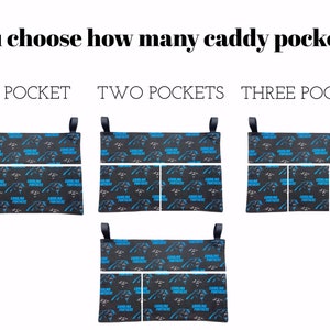 May include: Caddy organizers with the Carolina Panthers logo in black, blue, and white. The text "You choose how many caddy pockets!" is at the top. Options include one, two, or three pockets.