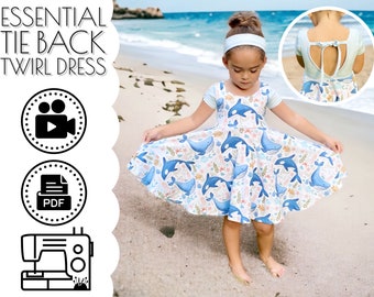 Girls Essential Tie Back Twirl Sun Dress Schnittmuster & VIDEO Tutorial | Druckbare PDF | Stricken | Anfänger | Offener Rücken | Sommer | 3M bis 10Y