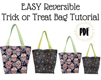 EASY Beginners Reversible Trick or Treat Tote Bag Sewing Tutorial | DIY | Pattern | Instructions | PDF | Beginner Sewing Project | Gift Bags