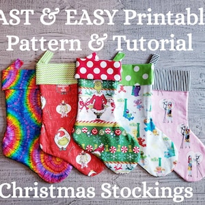 May include: Five Christmas stockings with different patterns. The stockings are made of fabric and have a variety of colors, including red, green, white, pink, and blue. The stockings are hanging on a wooden surface. FAST & EASY Printable Pattern & Tutorial Christmas Stockings