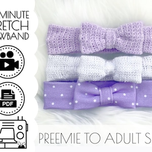 May include: Three purple and white stretch bowbands with a white polka dot pattern. The bowbands are arranged in a stack with the polka dot bowband on the bottom. The text "10 MINUTE STRETCH BOWBAND" is at the top of the image. The text "PREEMIE TO ADULT SIZES!" is at the bottom of the image.
