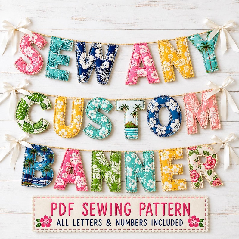 May include: A fabric banner featuring stuffed letters in various tropical floral patterns, including pink, yellow, blue, and green hibiscus prints. The letters are strung on twine with white ribbon bows at the ends. Text reads: PDF SEWING PATTERN.