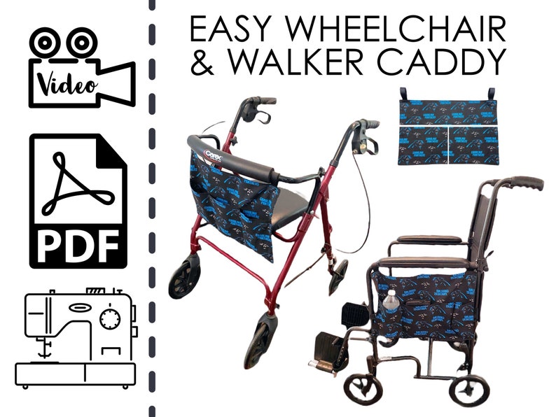 May include: An image showcasing a red walker and a black wheelchair, each equipped with a patterned caddy. The caddies feature a black background with a blue design. The text "EASY WHEELCHAIR & WALKER CADDY" is displayed at the top.