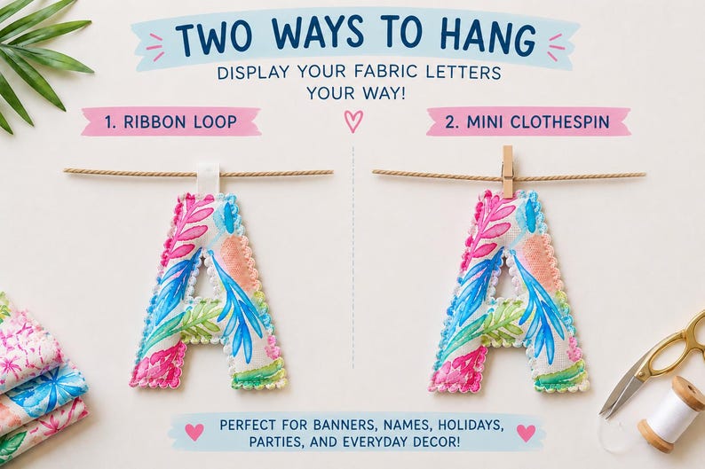 May include: A fabric letter A featuring a colorful botanical print with pink, blue, and green leaves. The text reads TWO WAYS TO HANG, DISPLAY YOUR FABRIC LETTERS YOUR WAY, 1. RIBBON LOOP, 2. MINI CLOTHESPIN, and PERFECT FOR BANNERS, NAMES, HOLIDAYS, PARTIES, AND EVERYDAY DECOR.