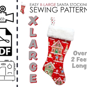 Puede incluir: Un patrón de costura de calcetín navideño rojo con un diseño de casa de jengibre. El calcetín tiene un puño de piel sintética blanca y mide más de 61 cm de largo. El texto dice "Easy X-Large Santa Stocking Sewing Pattern".