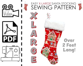 Big XLARGE Santa's Christmas Stocking Sewing Pattern with a Video Tutorial | Easy DIY Holiday Gift to Sew | Beginners | Extra Large | Fast