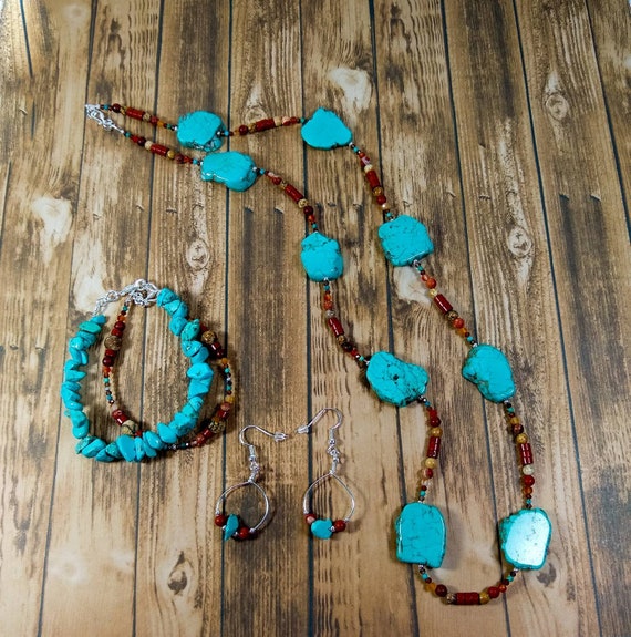 Turquoise Jewelry, Turquoise Necklace, Stack Bracelets, Dangle Earrings, Southwestern Jewelry, Boho Jewelry, Women's Jewelry, Handmade Gift.