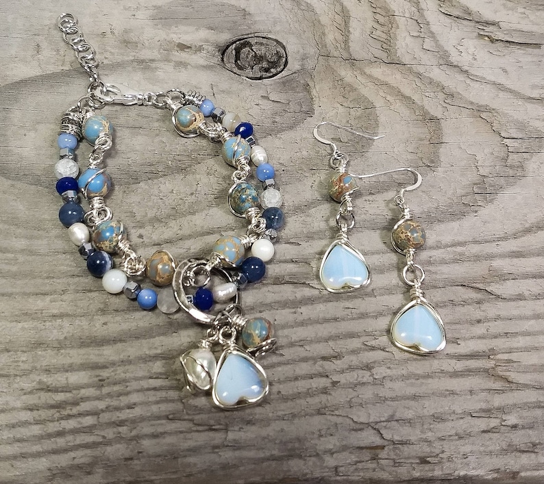 Dangle Earrings Heart Strand Bracelet Moonstone Heart Jewelry Set Gemstone Jewelry Boho Chic Jewelry Beaded Jewelry Handmade Jewelry.