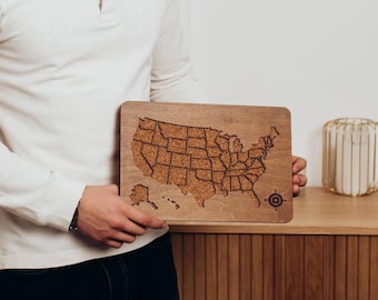 Custom Wooden USA Travel Map Cork Board, Adventure Tracking Gift