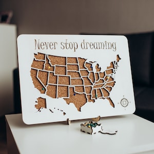 USA Small Push Pin Cork Map for Wall, Wood Travel Decor, Blank or Engraved Map
