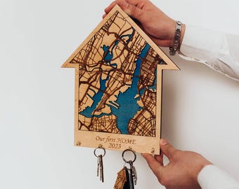 Custom City Map Key Holder, Personalized Plywood Wall Decor, Magnetic Entryway Key Rack