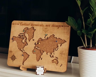 Personalized Cork Board World Map, Push Pin Travel Keepsake Gift