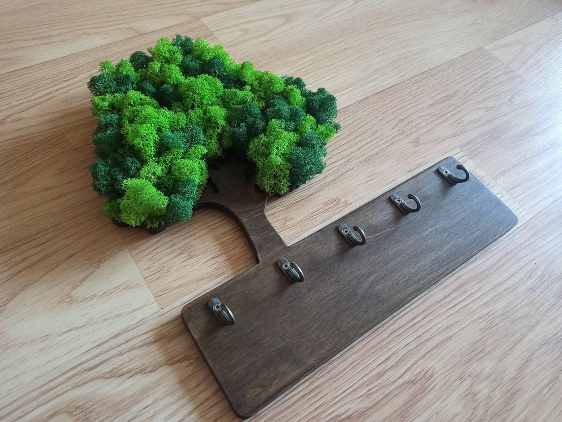 Wood Key Holder Key Storage Tree Decoration Wall Moss Art Etsy