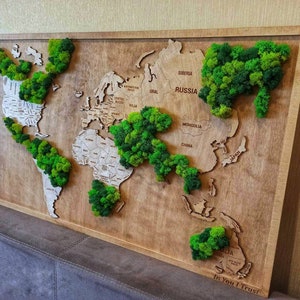 Carte du monde en bois avec mousse préservée, art mural naturel écologique, décoration botanique pour la maison, cadeau d'anniversaire, carte du monde en mousse durable faite main