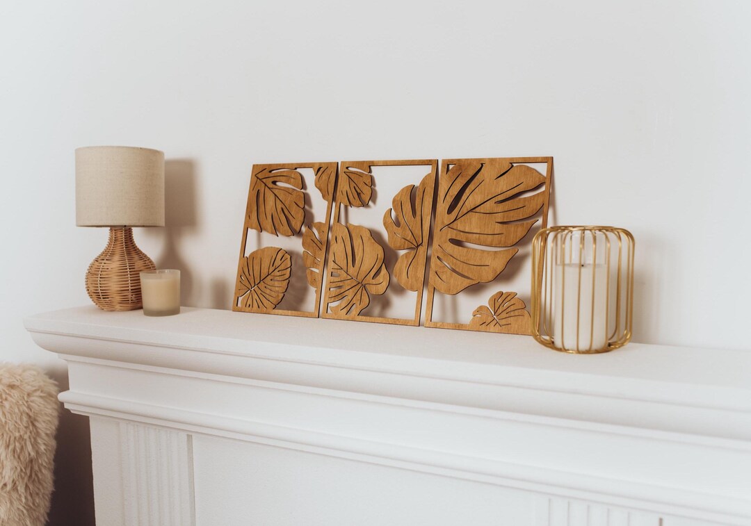 Boho Wooden Wall Art Set of 3, Botanical Decor, Monstera Leaf Panels ...