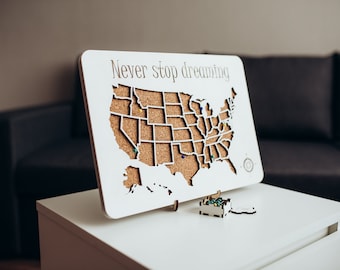 Custom Made Blank or Engraved Map, USA Small Push Pin Cork Map, Wood Travel Decor