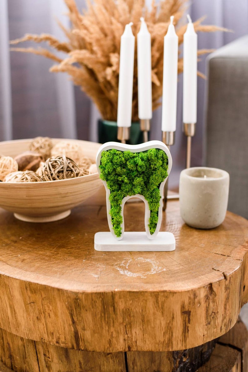 K&ouml;nnte beinhalten: Ein wei&szlig;es, zahnf&ouml;rmiges Dekorationsobjekt, gef&uuml;llt mit leuchtend gr&uuml;nem Moos, auf einem Holztisch. Auf dem Tisch befinden sich auch Kerzen, eine Holzschale mit dekorativen Kugeln und ein kleiner Betonkerzenhalter. Thema: Wohnkultur.