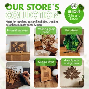K&ouml;nnte beinhalten: Das Bild zeigt eine Sammlung von Holzdekorartikeln. Gezeigt werden personalisierte Karten, Hochzeitsg&auml;steb&uuml;cher, Moosdekor, B&uuml;rodekoration und Akzentdekoration. Der Text "OUR STORE'S COLLECTION" steht oben, mit "UNIQUE Gifts and Decor" in einem gr&uuml;nen Kreis.