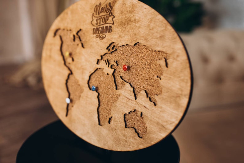 Push Pin World Map Wooden World Map Cork Board Push Pin Etsy