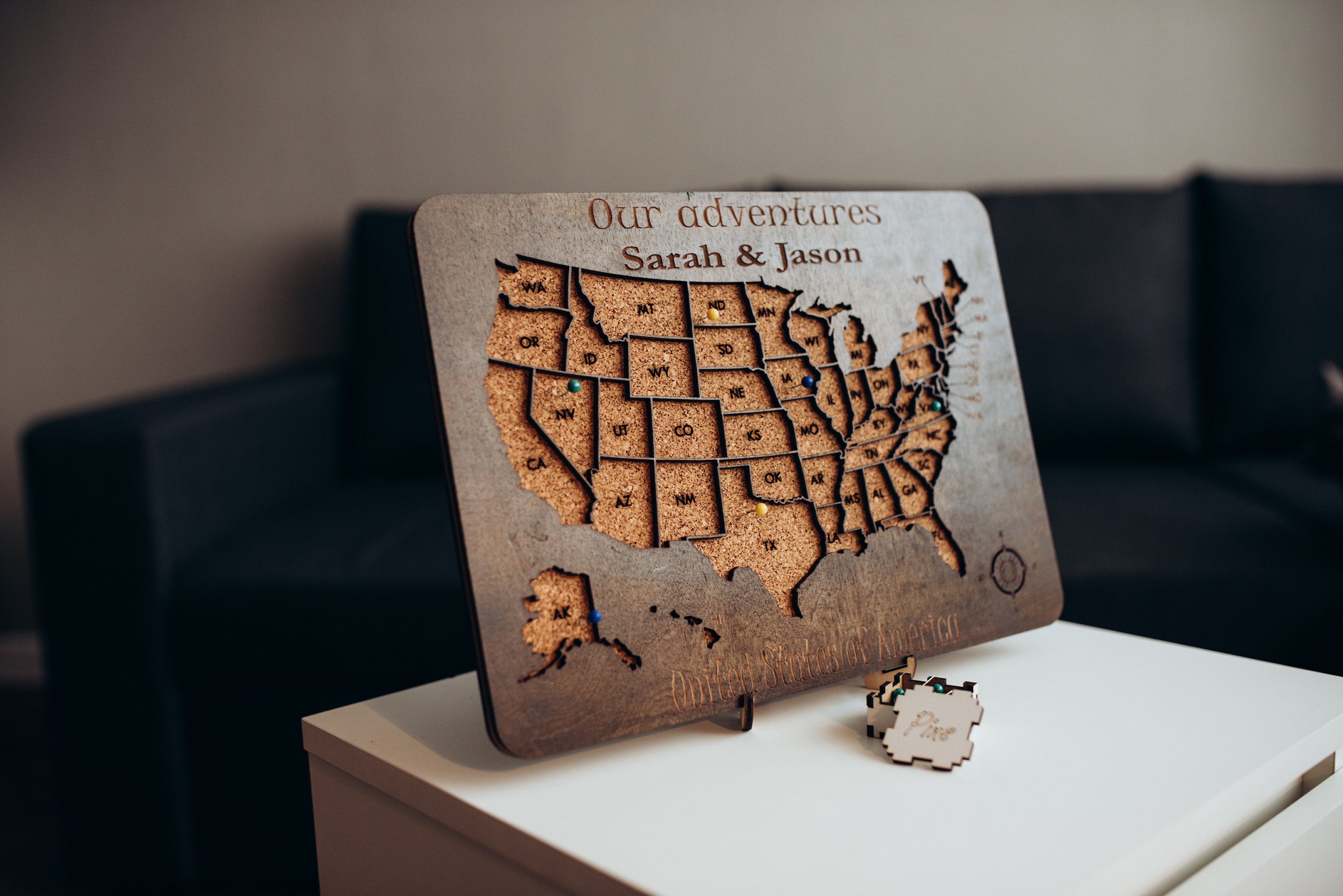 Wooden USA map with 50 pins, personalized cork map, custom United States push pin map, cork board - USA map, travel gift,  Christmas gift