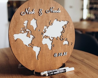 Round Wooden World Map with Continents Names and Dates, Wedding Guest Book