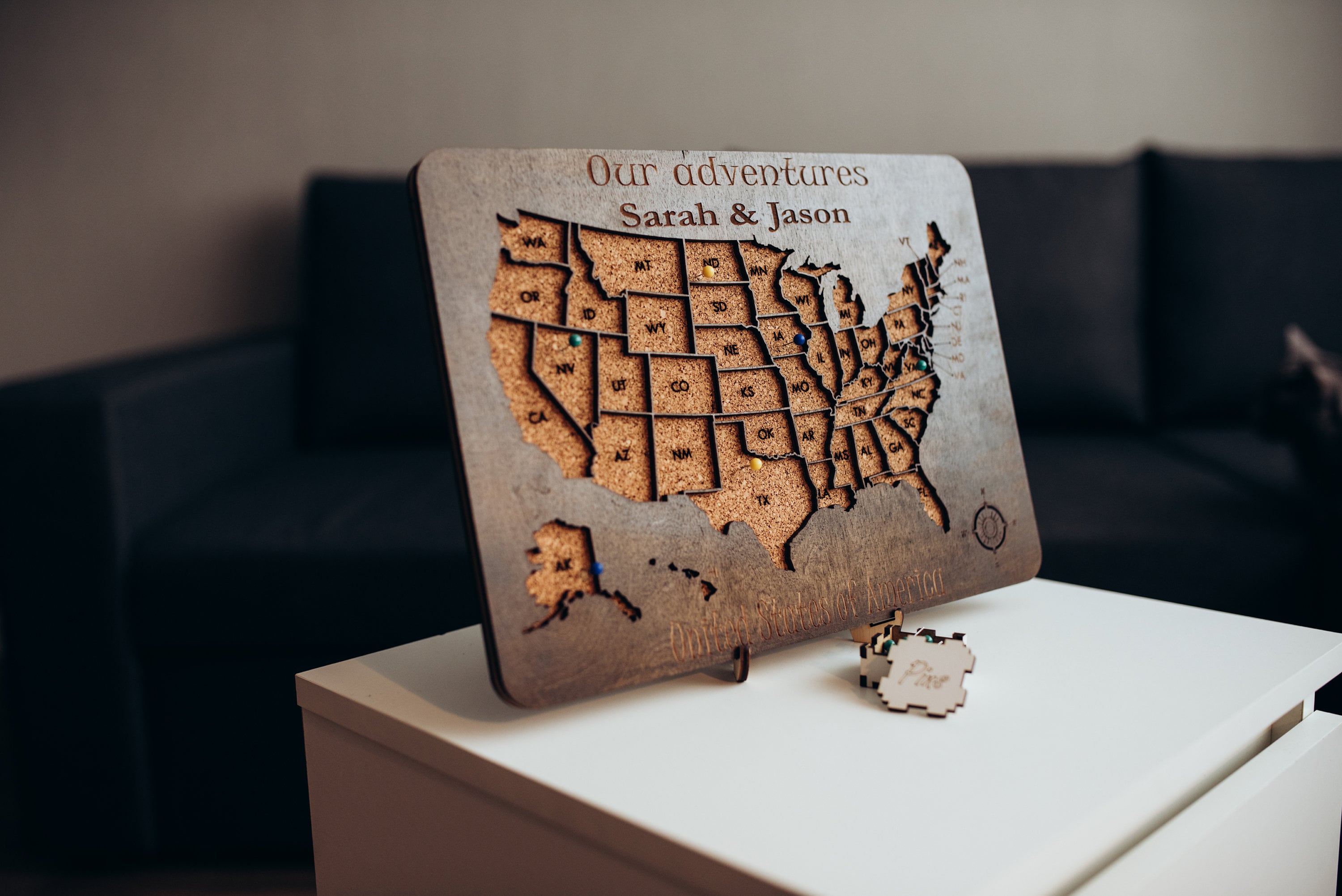 Wooden USA map with 50 pins, personalized cork map, custom United States push pin map, cork board - USA map, travel gift,  Christmas gift