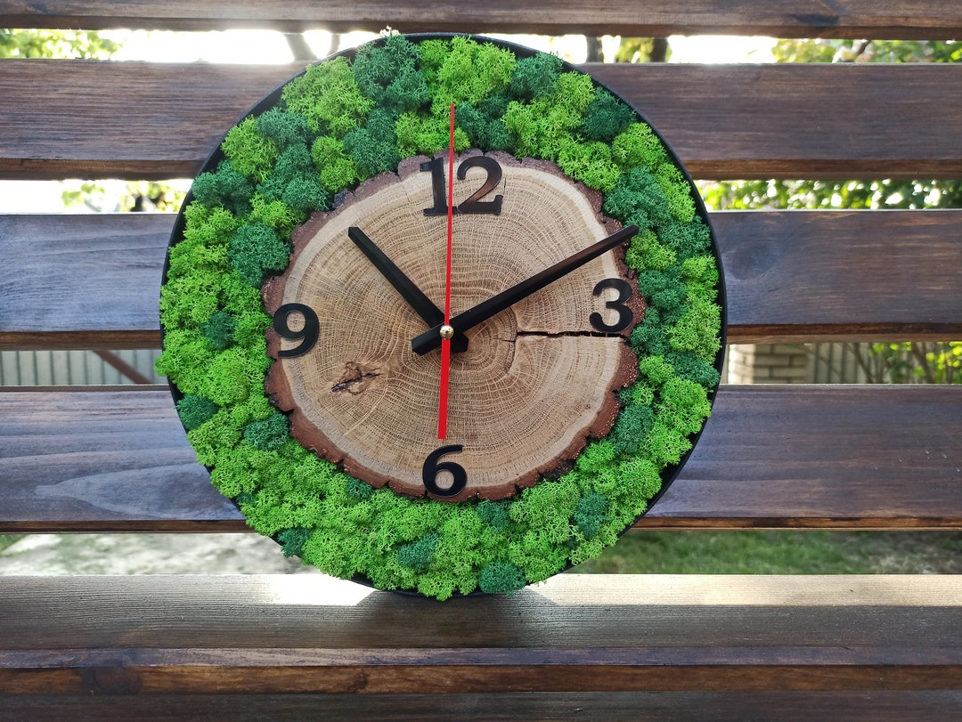 Modern Wood Clock With Moss Botanical Wall Decor Unique Green Art ...
