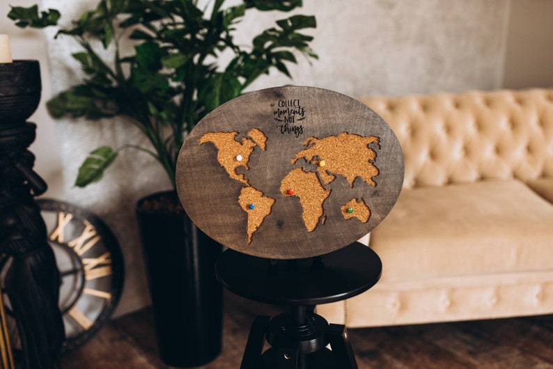 Push Pin World Map Wooden World Map Cork Board Push Pin Etsy