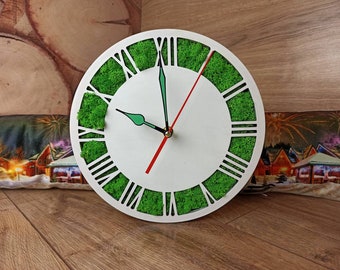 Large Green Moss Wall Clock with Roman Numerals, Rustic Oversized Clock, Custom Logo Option, Unique Gift for New Home or Birthday