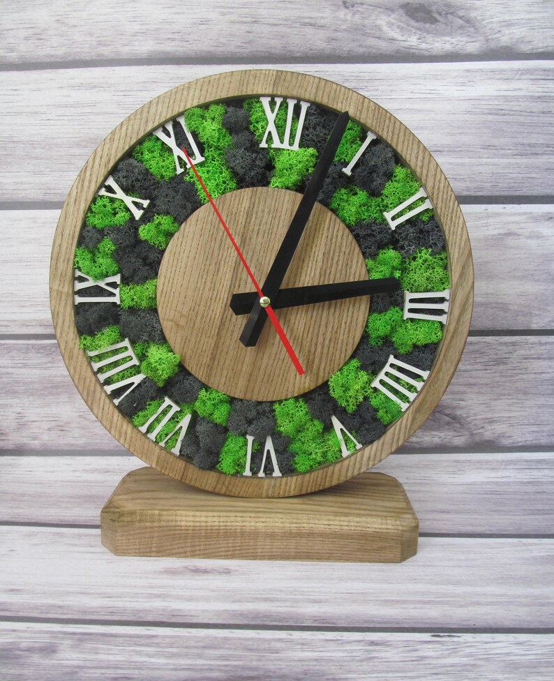 Wood modern desk clock Moss table clock Rustic home decor Etsy
