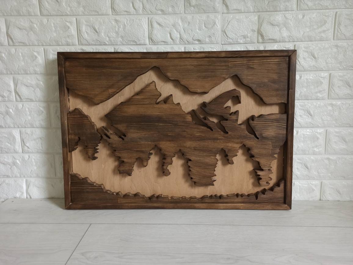 Rustic mountain Wooden wall art Wall art mountain and trees Etsy