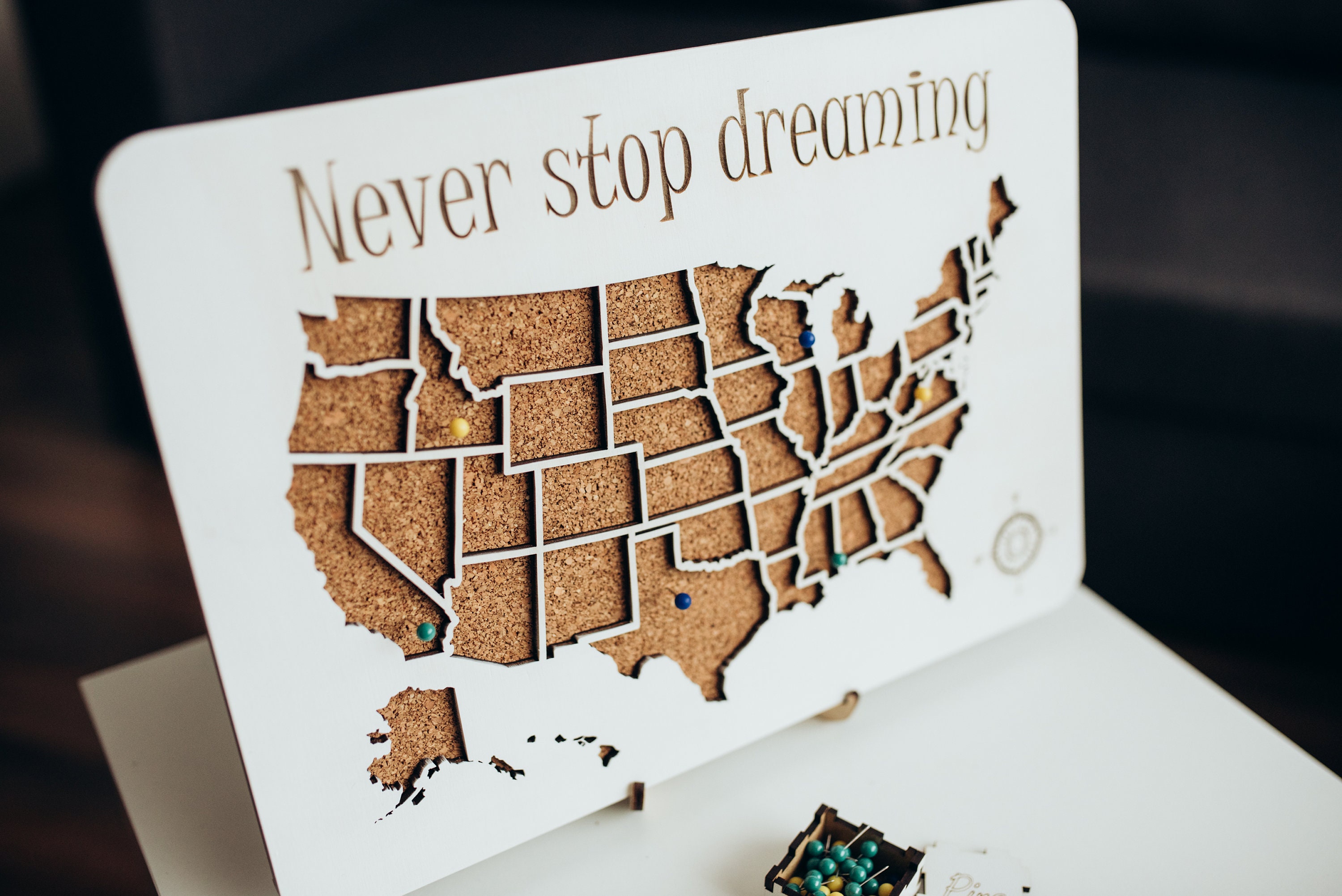 Wooden USA map with 50 pins, personalized cork map, custom United States push pin map, cork board - USA map, travel gift,  Christmas gift