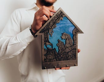 Llavero personalizado con mapa de la ciudad, regalo de cierre de agente inmobiliario personalizado, organizador de pared de madera para inauguración de la casa.