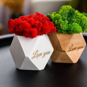 Hölzerner Moos Schüssel Pflanzer mit personalisierter Gravur, rustikale Hochzeit Herzstück, geometrischer kleiner Pflanzer, einzigartige Tischdekoration für Zuhause