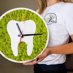 Dentist office sign, Tooth wall clock with preserved moss, Decor dentistry, Dentist gift, Wall tooth, Moss art
