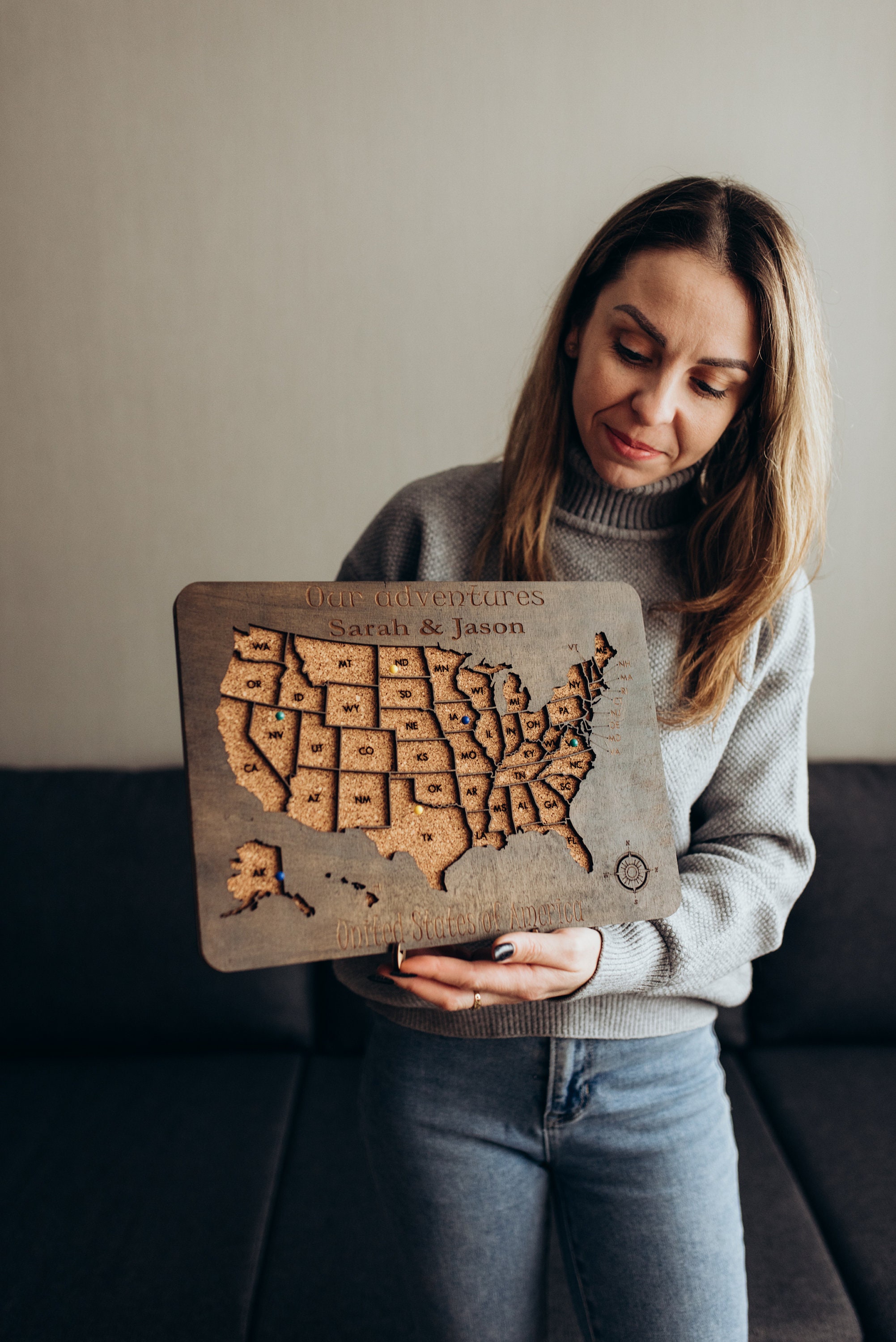 Wooden USA map with 50 pins, personalized cork map, custom United States push pin map, cork board - USA map, travel gift,  Christmas gift