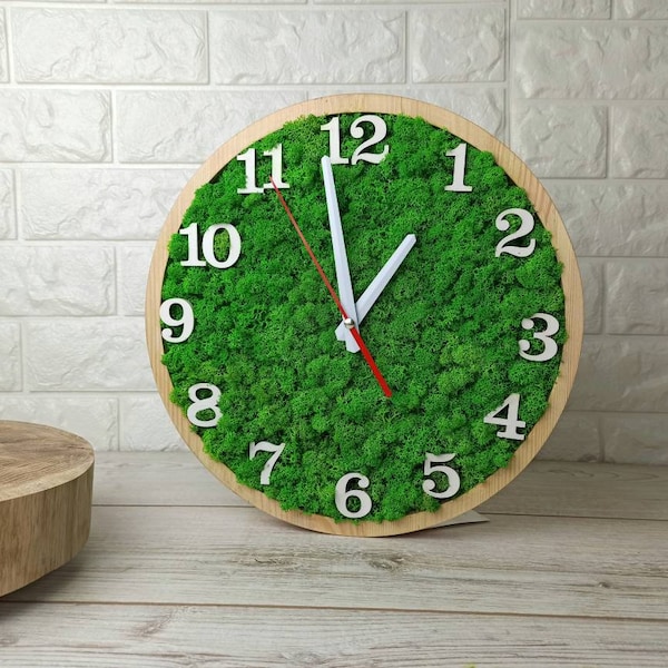 Wall wood clock, Moss clock, Large wall clock, Moss wall art, Office wall clock, Preserved moss, Rustic wall clock
