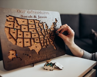 Mapa de EE. UU. de madera personalizable con 50 pines, regalo de viaje único para parejas, recuerdo de aniversario personalizado
